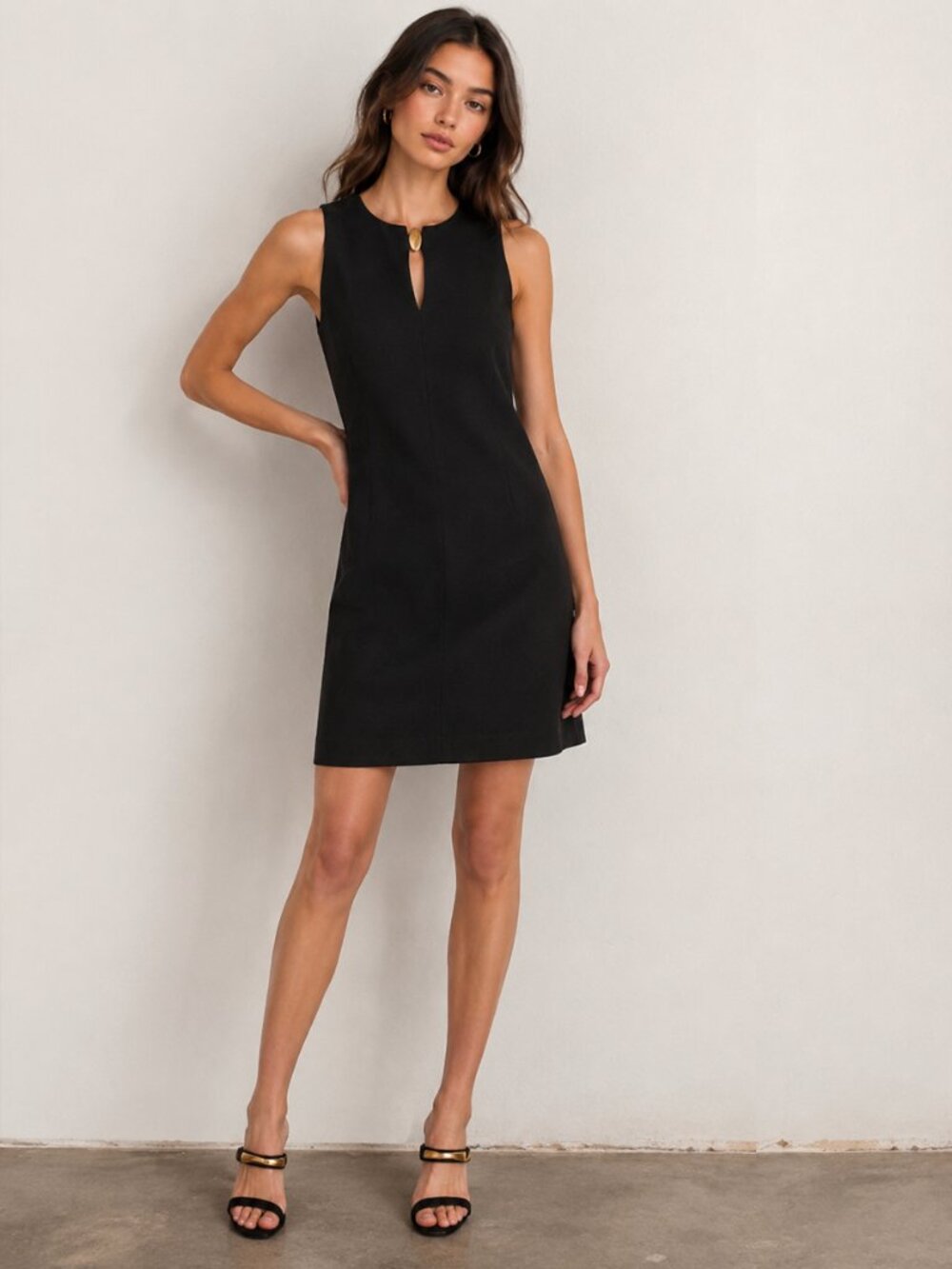 DONNA KARAN BLACK SLEEVELESS SHEATH DRESS KEYHOLE NECK GOLD HARDWARE - NWT